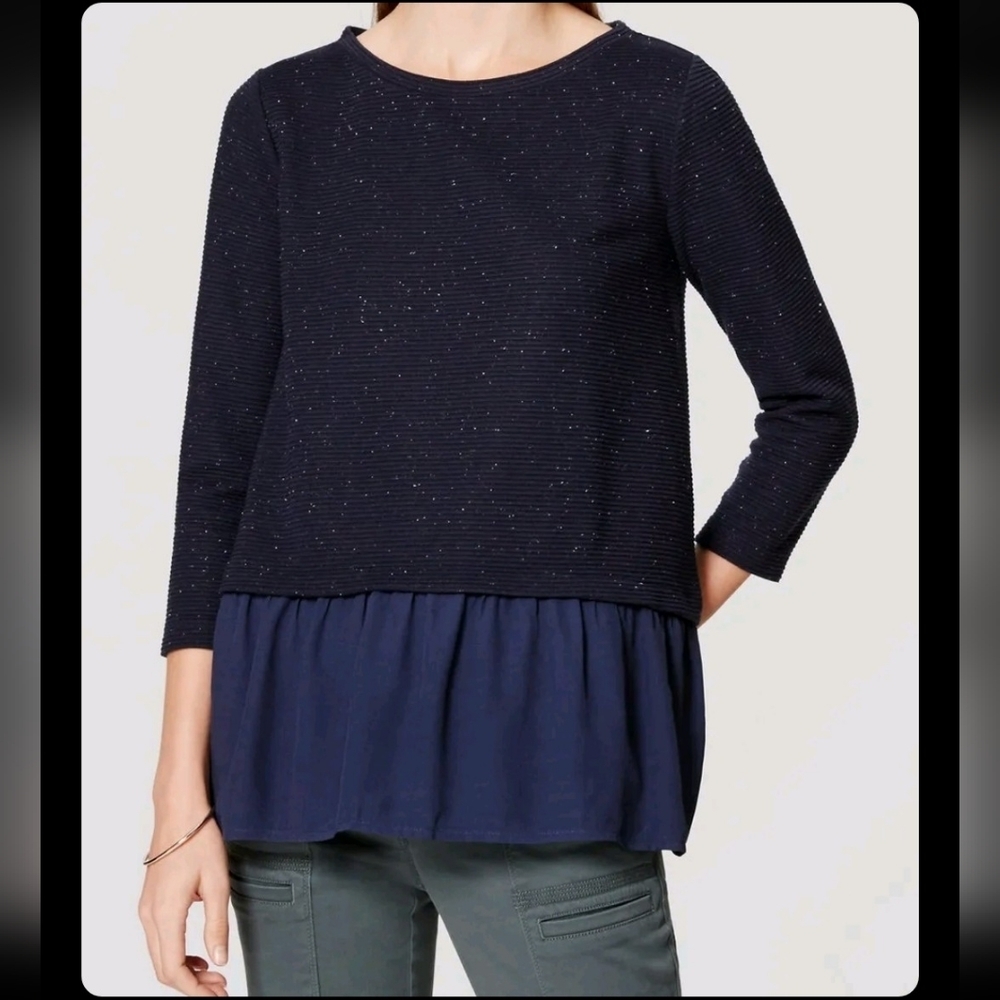 Loft Flecked Multi Media Top Ribbed Sweater Flouncy Sheer Bottom Spring Top